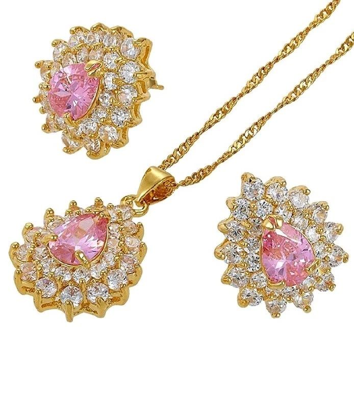 Yellow gold finish pearcut tourmaline and created diamond necklace and earrings  - Image 2 of 2