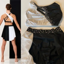 Kelle solo dance costom custume black white 2 piece skirt top rhinestoned LC