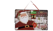 New Santa HAPPY HOLLY DAYS Christmas Plank Sign Wall Door Hanging 14.5”x9.1”