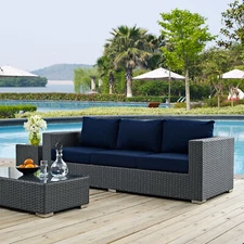 Modway Outdoor Patio Wicker Rattan Sofa Couch & Sunbrella® Canvas Navy Cushion
