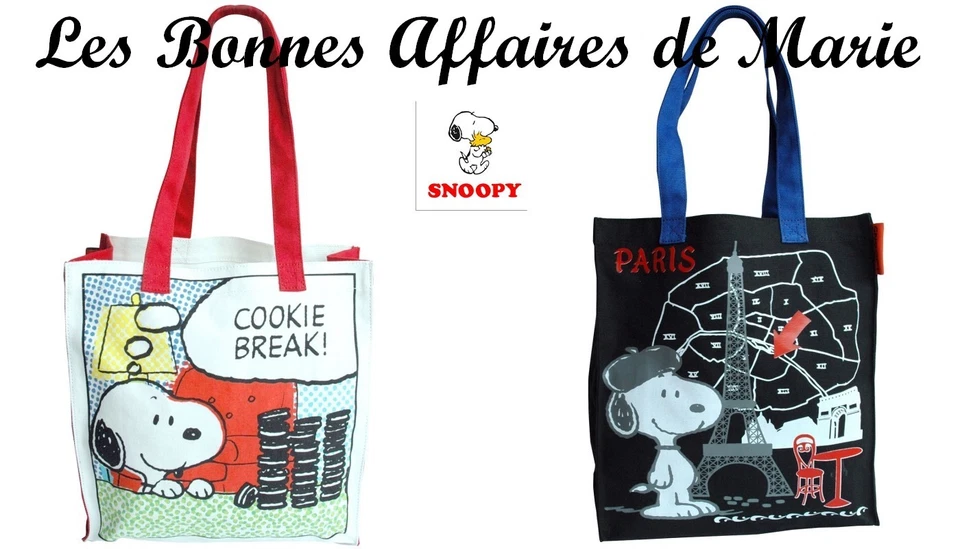 SNOOPY - PROMO -50% - Sac cabas canvas Cookie break blanc ou Paris noir - Neuf - Photo 1/1