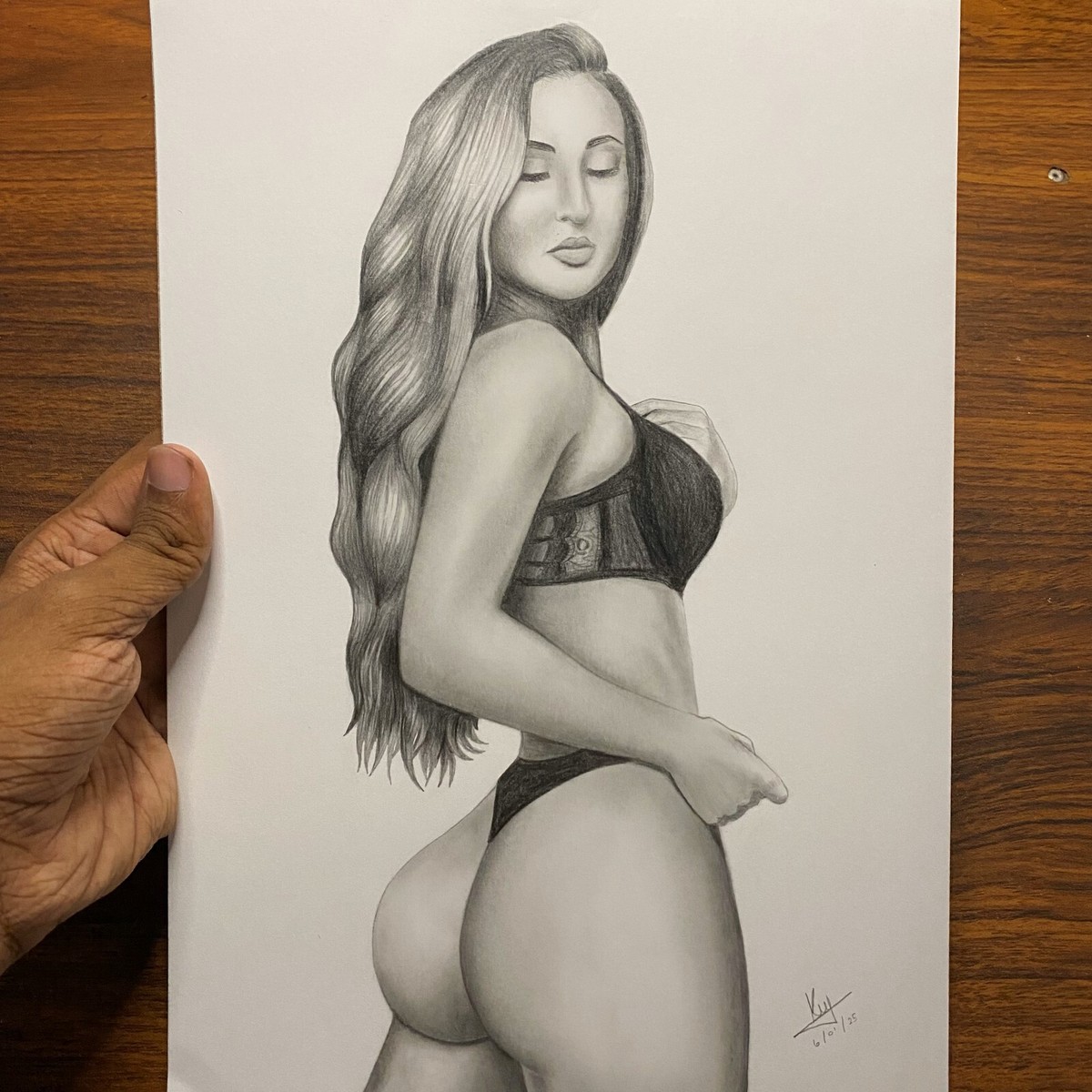 Original A4 Pencil Drawing Sexy Curvy Woman in Lingerie Sensual Female Art 