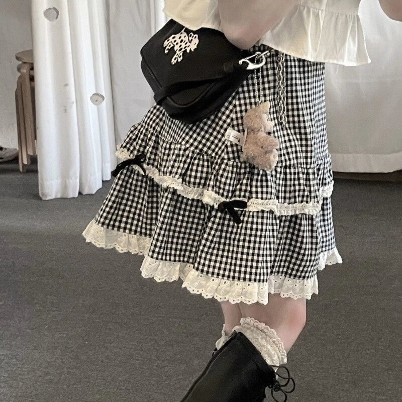 Japanese women sweet college Ruffle tutu skirt bow knot high waist plaid skirt