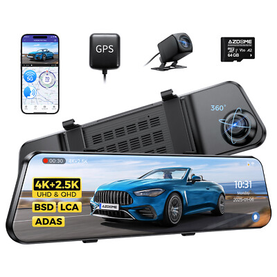 AZDOME 12''2CH 4K+2.5K Dashcam Rückspiegel vorne hinten 5.8G WiFi GPS DVR+64GB TF
