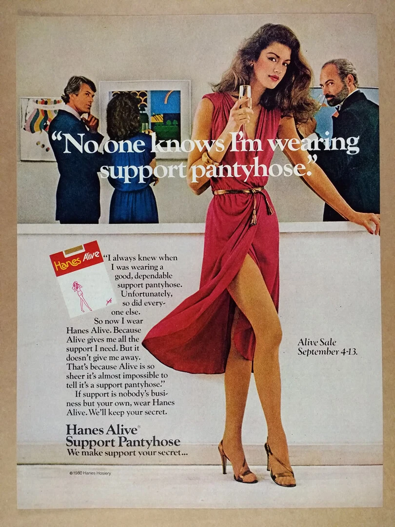 1980 Hanes Alive Support Pantyhose woman art gallery photo vintage print Ad