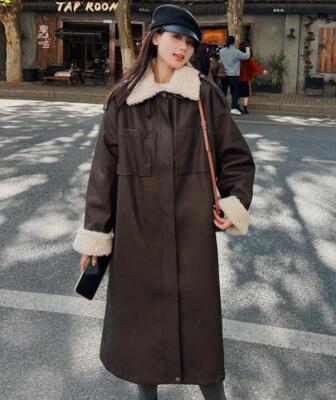 Women Fur Lining Long Coat Loose Jacket Faux Leather Overcoat