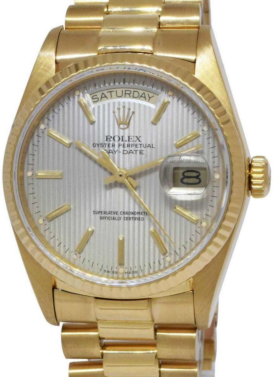 Rolex Day-Date President 18k Yellow Gold Silver Tapestry Dial 36mm