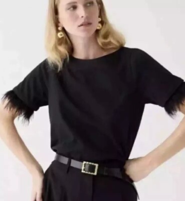 J. Crew Mariner Jersey Cropped Boatneck T-shirt With Feathers Black Size XS