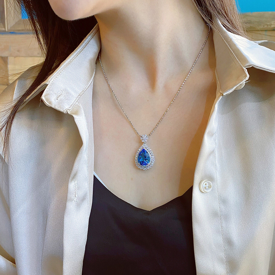 ペンダントトップ　タイタニック Waterdrop Shaped Titanic Ocean Blue Topaz Gems Silver Women