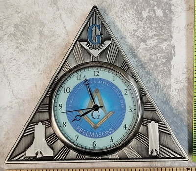 Freemason Mini Triangle Desk Clock Masonic Gift Symbols Silver Tone Double Sided
