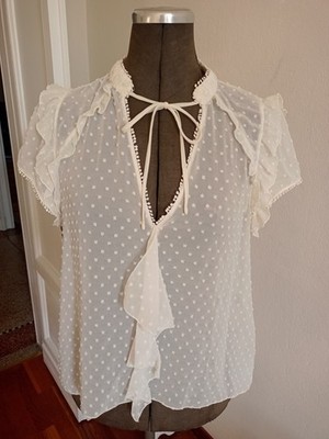 Zara Damen Bluse Top Shirt Weiss Creme Falten Tunika Dots Relaxed Neu