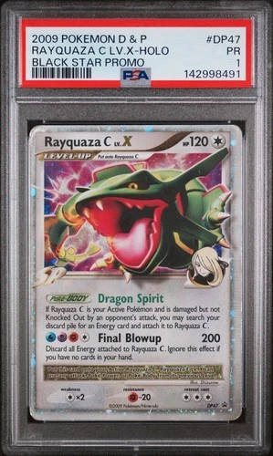 2009 POKEMON DIAMOND & PEARL BLACK STAR PROMO #DP47 RAYQUAZA C LV.X-HOLO PSA 1