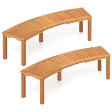 Set of 2 Outdoor Curved Bench with Slatted Seat Solid Acacia Wood for Yard