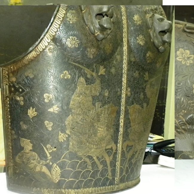 CHEST PLATE MILITARY QUIVER WARRIOR FIG ON HORSE 2 BRASS LIONS FIGS