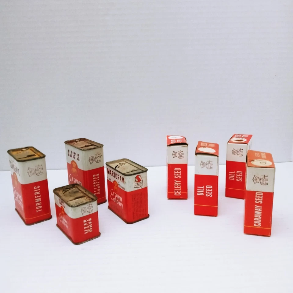 Vintage Crown Colony Spice Tins Boxes Lot Of 8 Mace Marjoram Dill Allspice More - Image 4 of 4