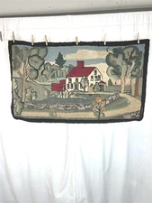 antique hooked scatter rug homestead house trees wall 27x47 early 19th original 