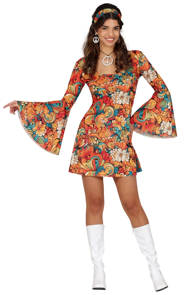 FIESTAS GUIRCA Flower Power Hippie Karnevals Kostüm Damen 60er 70er Jahre Kurzes Hippie Kleid