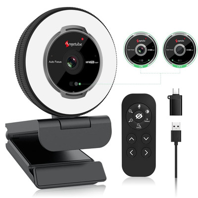 Angetube 1080P Webcam 60FPS Ringlicht 5x Zoom Fernbedienung Dual Mikrofone