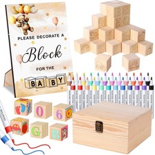 Baby Shower Blocks Game Set with Wooden Box, Acrylic Markers  Wooden Sign fo...