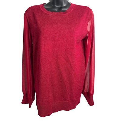 DKNY XS Red Metallic Knit Top Sheer Sleeve Sparkle Party Blouse