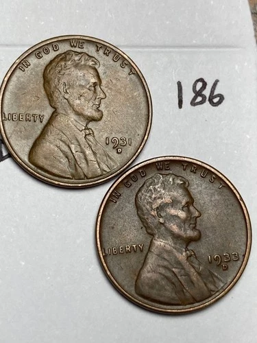 1931-D & 1933-D LINCOLN WHEAT CENT SET, 2 coins, low mintage dates, XF, #186