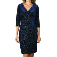 Tahari ASL Dress Size 6 Blue Velour Burnout 3/4 Sleeve V Neck Hidden Back Zipper