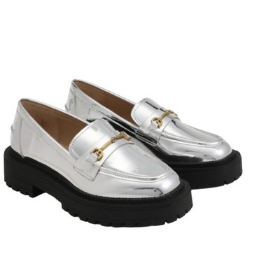 Sam Edelman Kids' Teo Platform Silver Metallic Loafer Lug Girls Size 3 EUC