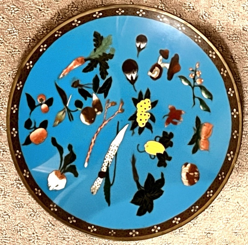 Antique Meiji Period 12 Inch “Autumn Vegetables” Cloisonne Plate Ca. 1868-1912