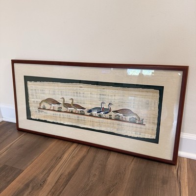 Vintage Egyptian Papyrus Hand Painted Geese Framed Picture Signed 35''x17