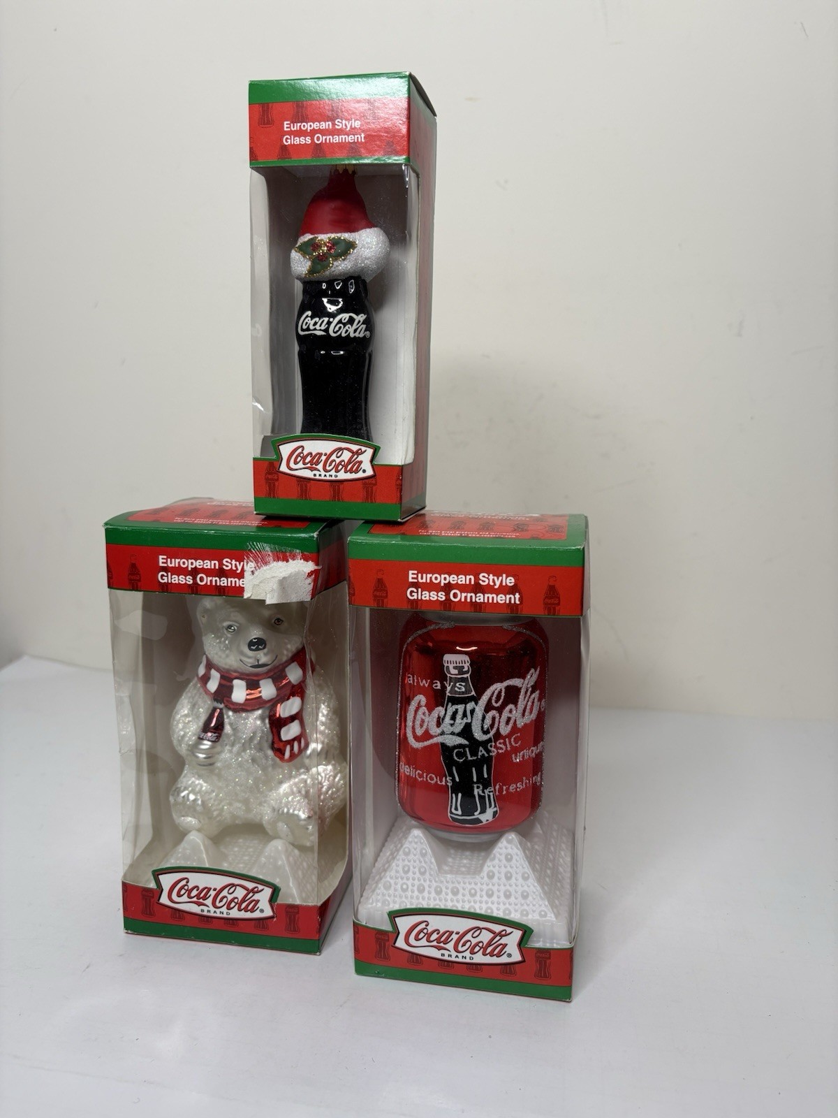 Kurt Adler Coca-Cola European Style Glass Ornaments Polar Bear Can Bottle NEW