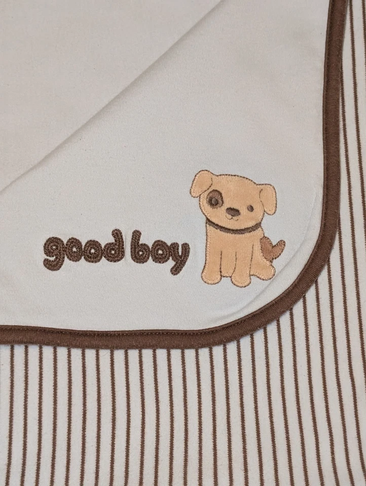 Gymboree Good Boy Puppy Dog Baby Receiving Blanket Brown Tan Stripes Cotton - Image 2 of 4