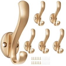 Wall Hooks for Hanging with Screw Installation 6-Pack Gold Metal for Coat Key