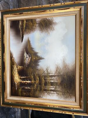 Original Oil Painting Landscape Water Trees  Framed Signed Jon Jonson 32 By 28 