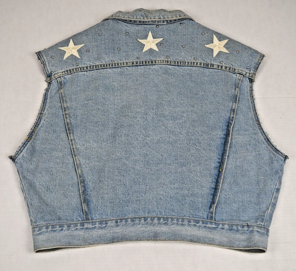 Chaleco Jean Vintage Robin Berry Talla M Años 80 Azul Claro Blanco Estrellas Tachonado Foto 4 de 4