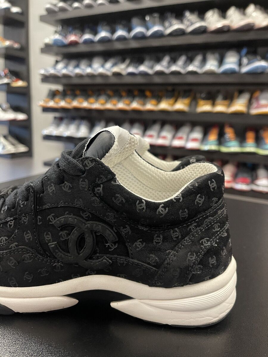 Chanel 22A Black Suede Printed CC Logo White Flat Runner Chanel 22A Black Suede Printed CC Logo White Flat Runner