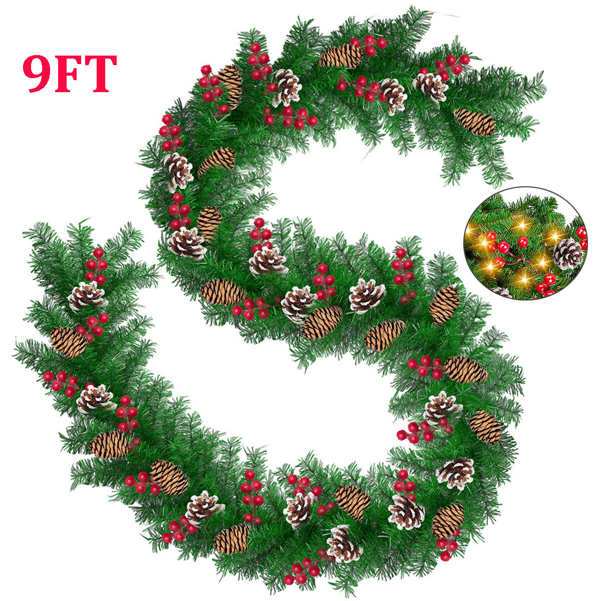 PreLit 9 ft Garland with 50 Warm Color LED Lights and Pinecones,Christmas Decor