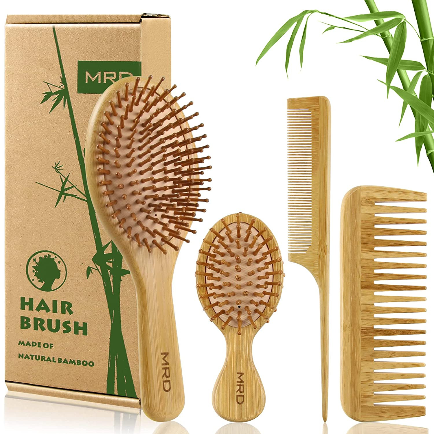 Hair Brush Set, Natural Bamboo Comb Paddle Detangling Hairbrush, Wide-Tooth And