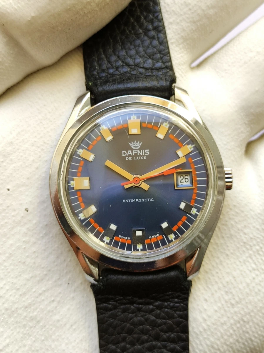 Vintage Dafnis De Luxe Watch Mens Blue Dial Hand Winding Date