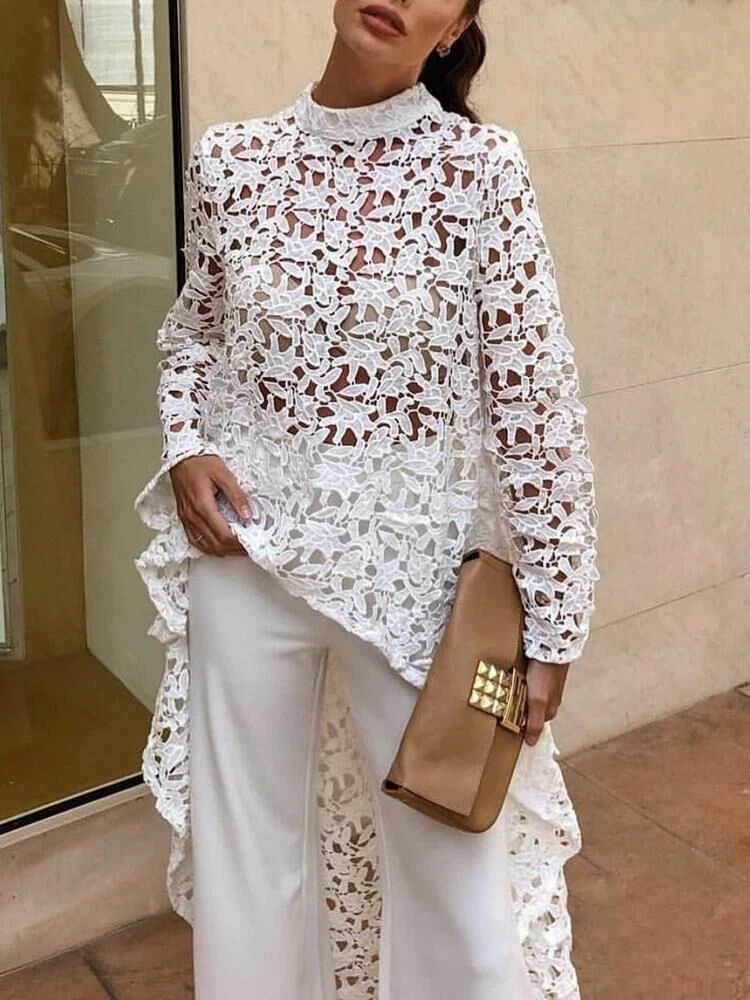 Womens Flounce Dip Hem Dress Hollow Cocktail Blouse Crochet