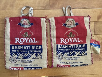 Lot 2 ROYAL BASMATI RICE Burlap Bag 20 Lb  Handles  Zipper Top - Empty No Rice