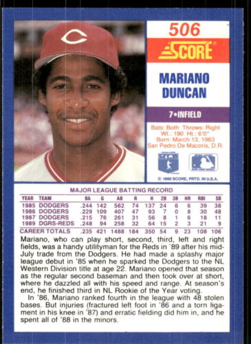 1990 Score #506 Mariano Duncan - Picture 2 of 2