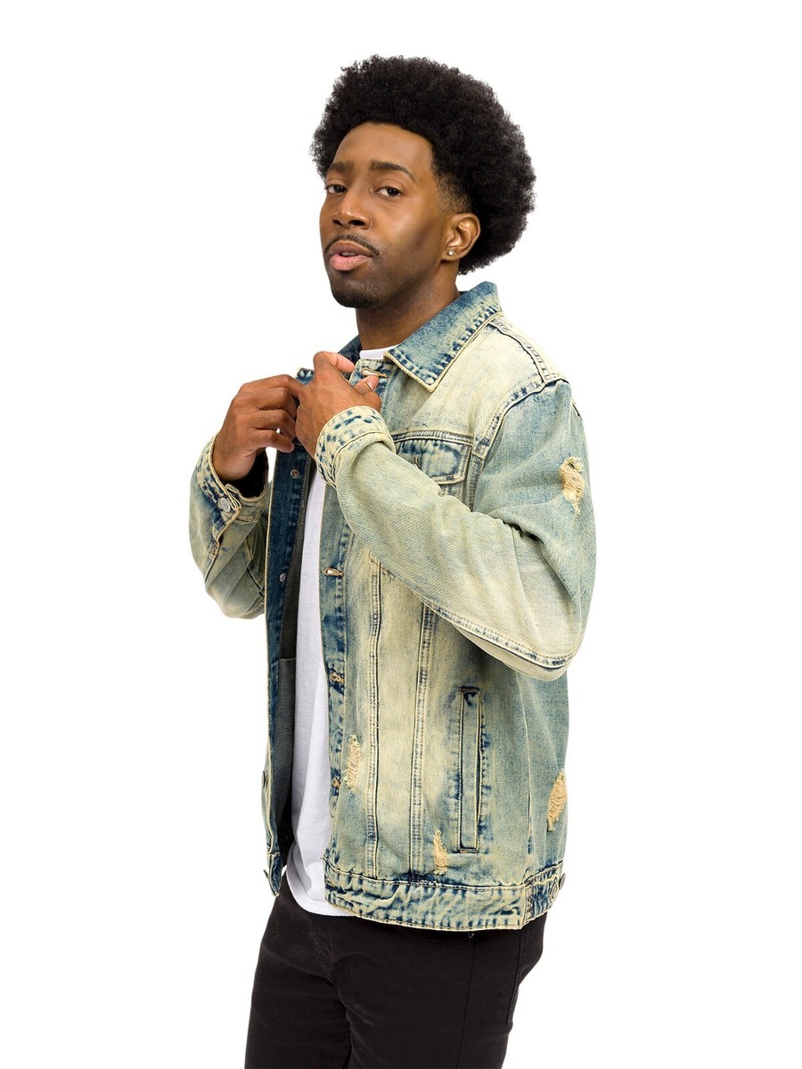 Victorious Men's Distressed Lion Long print Sleeve Denim Jean