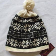 RALPH LAUREN girls cream black Fair Isle wool angora blend pom pom hat NEW 7-16