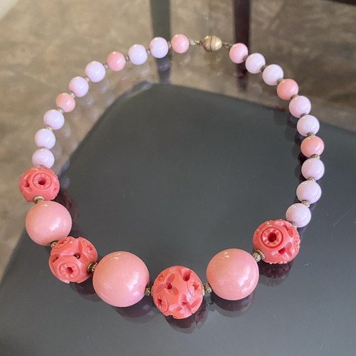 VINTAGE French LOUIS ROUSSELET Salmon CORAL Carved GLASS Galalith BEADS Necklace