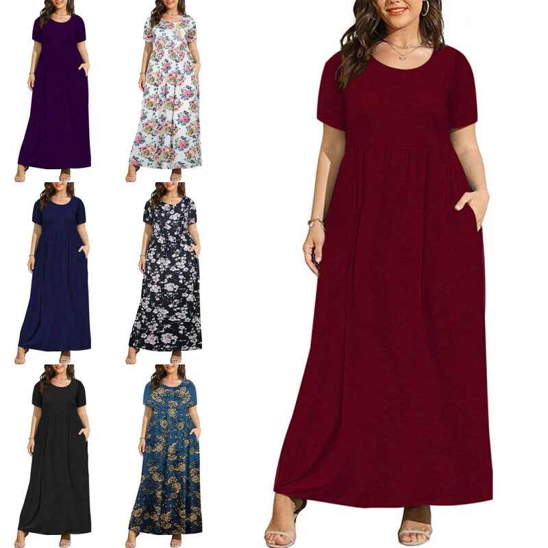 Ladies Loose Short Sleeve Maxi Dresses Women Daily Hawaiian Plus Size Long Dress