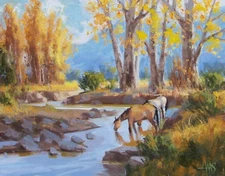 TOM HAAS painting 'Indian Summer' oil 11"x14" Arizona mountains river horses