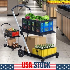 Double-Layer Folding Hand Truck Trolley Shopping Cart Swivel Wheels Lightweight