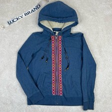 Vintage Lucky Brand Womens Y2k Boho Beaded Sherpa Lined Navy Native Zip Hoodie L