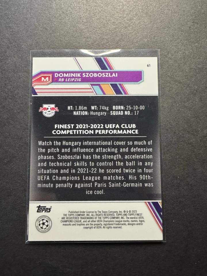 2022-23 Topps Finest UEFA /199 Dominik Szoboszlai #61 Purple Shimmer Refractor - Image 2 of 2