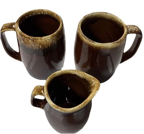 Hull Pottery (2) Brown Drip Oven Proof USA 5” Coffee Mugs Steins + Creamer VTG